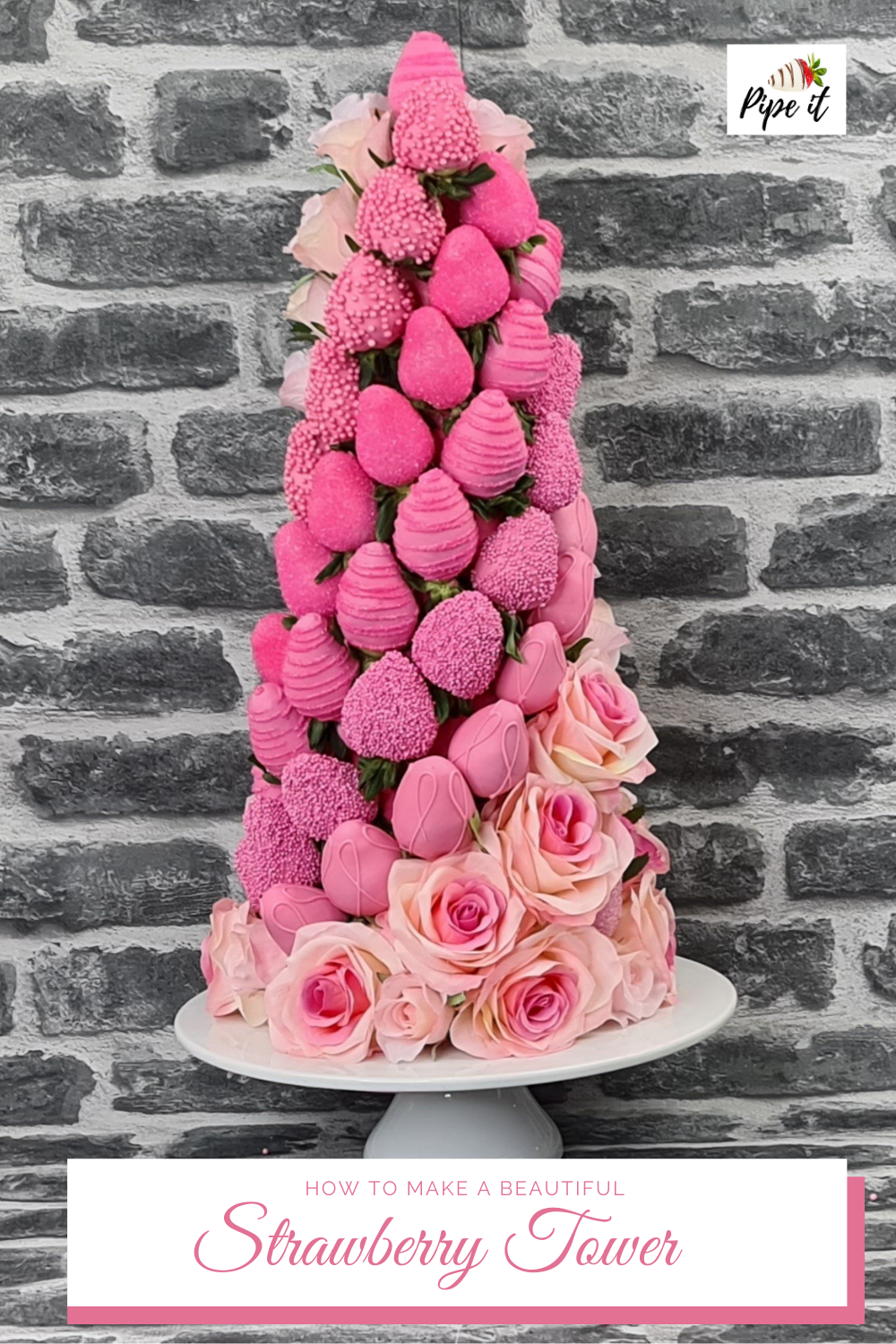 Easy instructions on how to make this beautiful chocolate covered strawberry tower. Perfect as a table centrepiece for weddings, birthdays, bridal showers, baby showers and christenings. Follow this easy video to DIY your own stunning chocolate strawberries and floral tower. Strawberry Tower, Strawberry Gifts, Chocolate Covered Strawberries Bouquet, Chocolate Covered Treats, Pink Chocolate, Edible Arrangements, Bridal Showers, Baby Showers, Cupcake Cakes