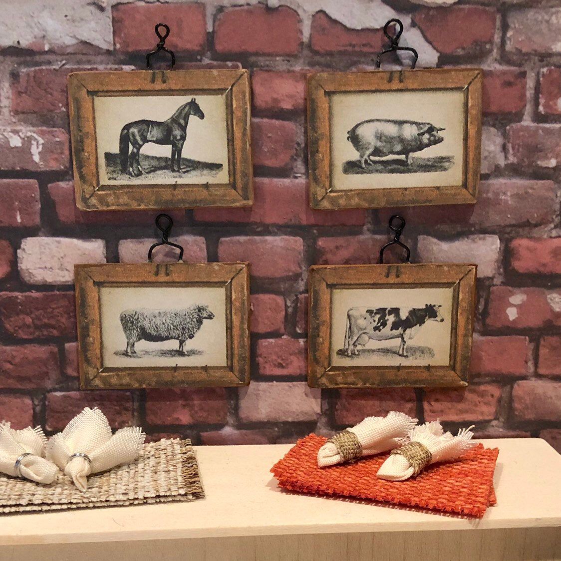 Set of 4 dollhouse Miniature vintage rustic kitchen illustrations wall