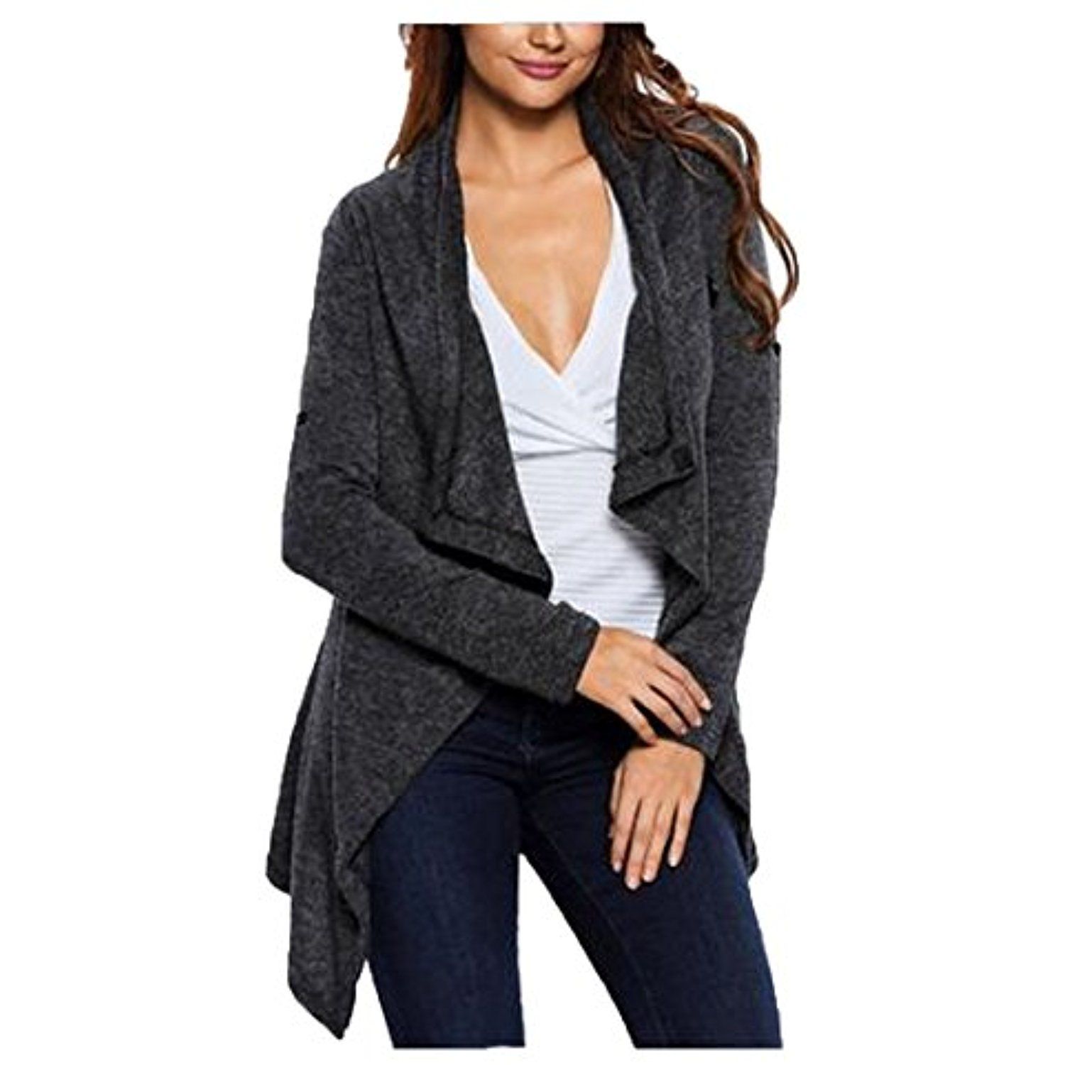 Womens Asymmetrical Hem Outerwear Solid Cardigan Knitwear * You can ...