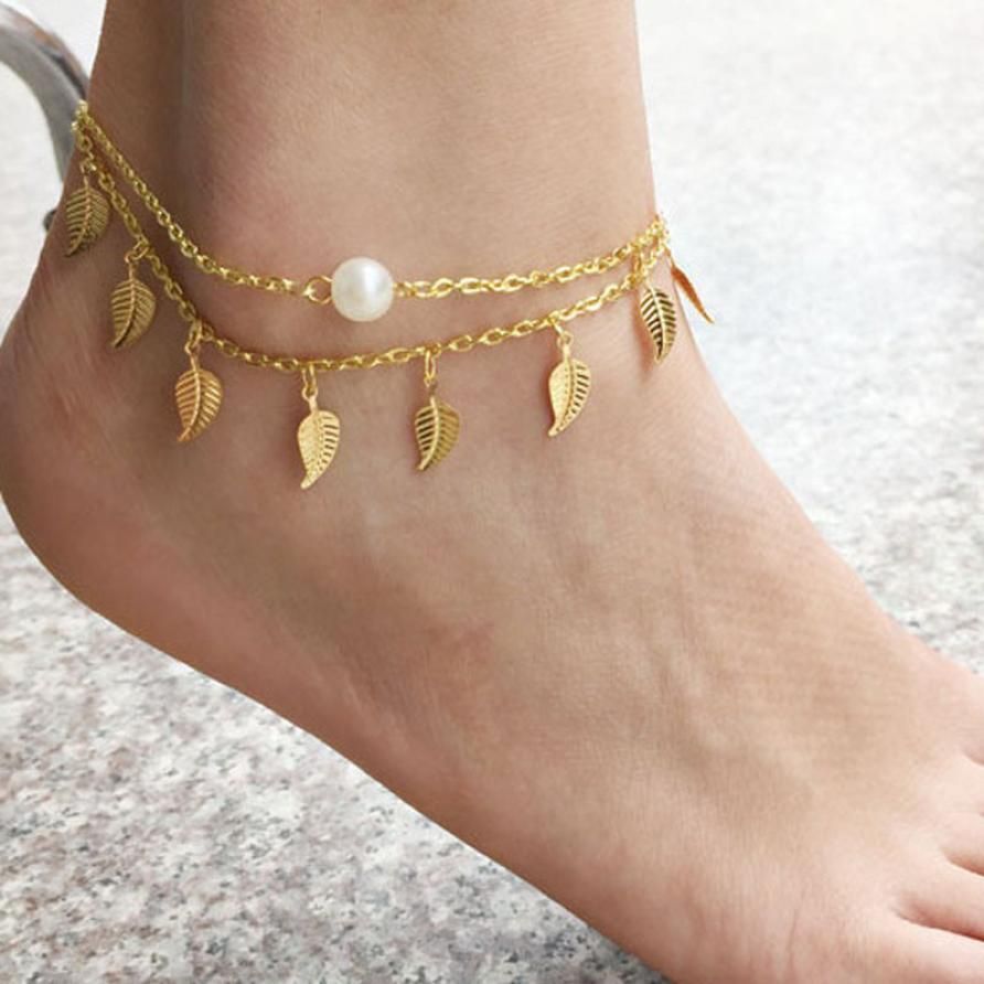 OCTCHOCO Three Piece Gold Plated Chain Blue Beads Ankle Bracelet Barefoot Sandal Beach Foot Jewelry