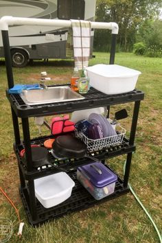 This DIY camping sink is super easy to make with plumbing supplies AND it folds flat for easy storage and transport. Great for tent or pop-up camping to create a DIY camp kitchen. #campsink #glamping #campinghacks #DIYcamping Camping Sink, Outdoor Camping Kitchen, Camping Glamping, Camping Trailer, Camping Trips, Portable Camp Kitchen, Camping 101, Camp Kitchen Diy, Camping Games