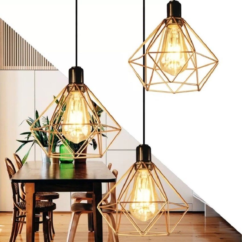 Kit Lustres 3 Pendentes Aramado Diamante Cobre Luminarias Teto Mesa Sala Cozinha Casaclique Casaclique Iluminação De Teto Lâmpadas De Teto Luminaria Teto