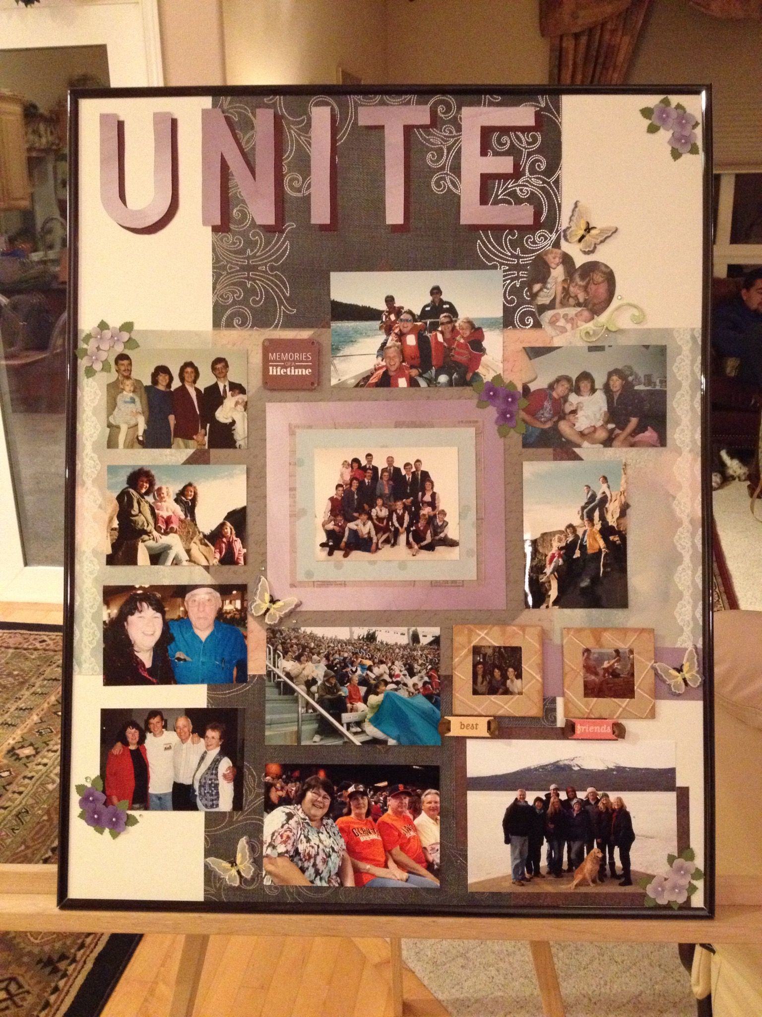 Make a memory board out of family photos and scrapbooking materials