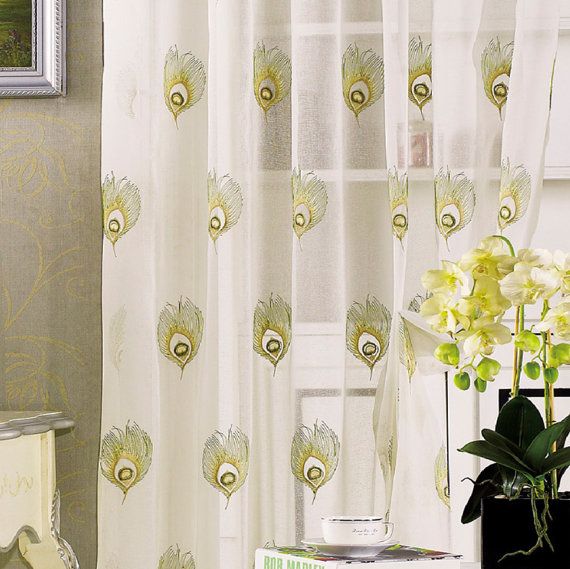 Embroidered White Feather Pattern On Off White light bule Background Two Sheer Curtains Custom Made to Order Upto 104L
