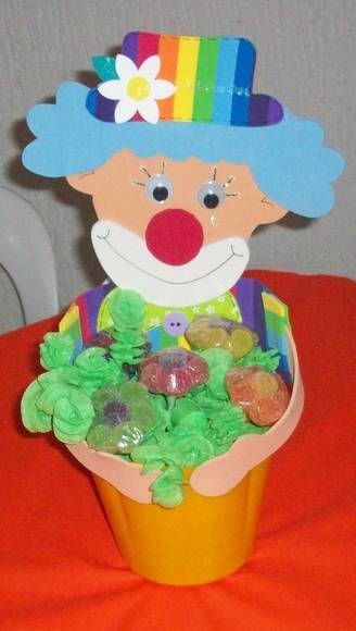 CACHEPO DE PLASTICO COM PALHAÇO OU PALHACINHA DE EVA. AS CORES SÃO VARIADAS. MEDIDAS CACHEPO; 10CM DE ALTURA, 13CM A BOCA, E 8CM O FUNDO. ALTURA TOTAL COM O PALHAÇO 26CM. **OS PAPEIS DE BALA E AS FLORES DE JUJUBA NÃO ACOMPANHAM!! Circus Birthday Party, Birthday Parties, Spring Easter Crafts, Ideas Para Fiestas, Purim, Holiday Crafts, Handicraft, Clown, Kids Party