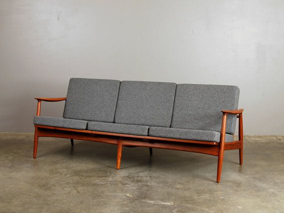 Sculptural Danish Modern Sofa Teak Gray Wool Felt Living