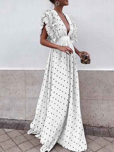 Flap-sleeve v-neck halter wave pot maxi dresses