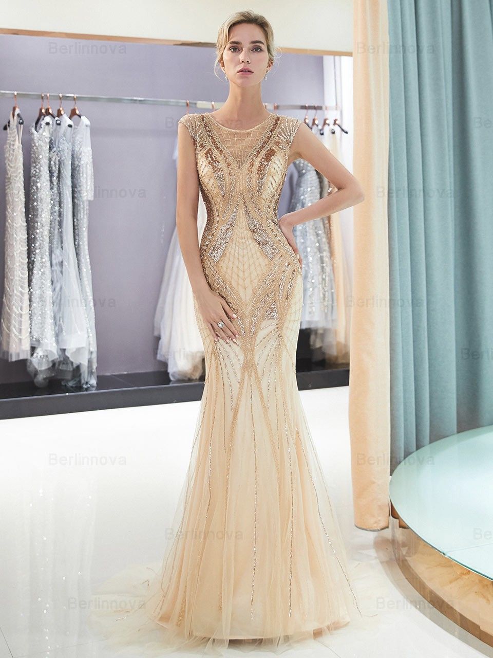 Lang Mermaid Strasssteinen Rundhals Gold Ballkleid Mit Spitze Lang Mermaid Strasssteinen Rundhals Gold Ballkleid Mit Spitze