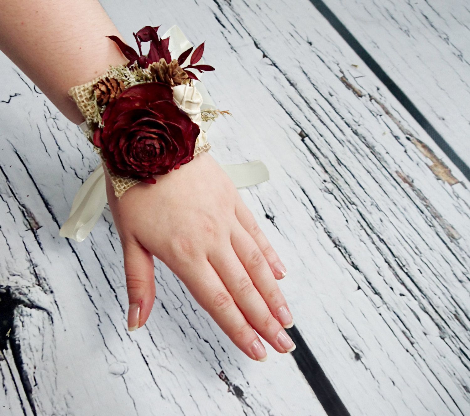 Burgundy and Antique Teal Silk Wrist Corsage and Boutonnire Burlap Rustic Wedding Country Wedding Country Prom Flowers Rustic Prom