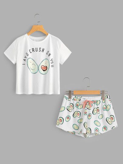 Avocado Print Top And Bow Front Shorts Pajama Set Short Pajama Set Cute Sleepwear Pajama Set