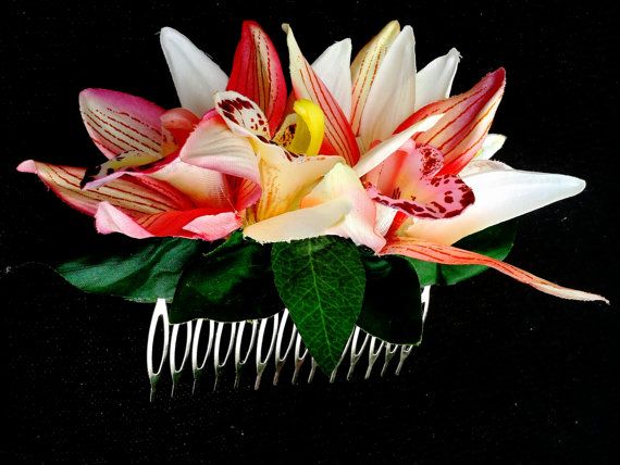 Greenery Palm leaf hair comb Yellow Orchid Exotic Tropical Palm Leaves Hair comb Tropical bridal hair comb Hawaii orchid hair comb