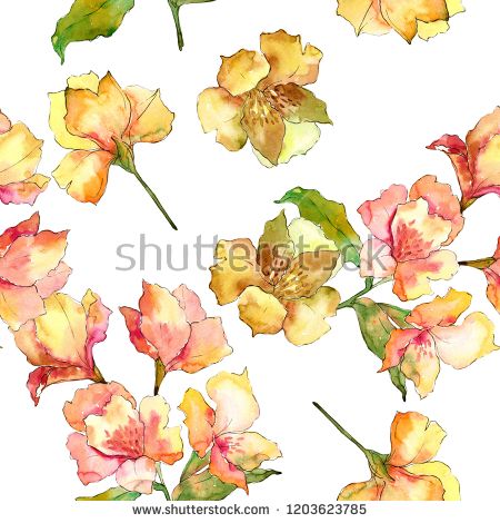 Stock Photo: Watercolor yellow and orange alstroemeria flower. Floral botanical flower. Seamless background pattern. Fabric wallpaper print texture. Aquarelle wildflower for background, texture, wrapper pattern. - Seamless Background, Botanical Flowers, Pattern Fabric, Fabric Wallpaper, Orange, Yellow, Background Patterns, Wild Flowers
