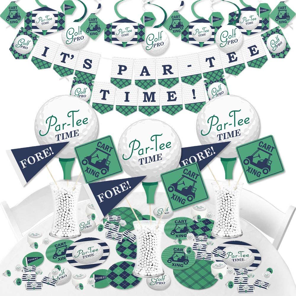 PRICES MAY VARY. BUNTING BANNER includes: letter and themed pennants. Each pennant measures 8.5” high x 5.5” wide. Pennants are numbered in sequence and ribbon is included for easy assembly. PARTY DECORATION SWIRLS includes: 4 different shapes, 10 count per shape, that hang below an accordion-style spiral. Professionally printed double-sided, each decoration swirl in the 40-piece set has a pre-cut hole for easy assembly using the included clear hooks. Party decoration swirls will arrive flat. TA Golf Theme Party, Golf Birthday Party, Retirement Party Decorations, 60th Birthday, Golf Table Decorations, Birthday Ideas, Party Themes, Suprise Birthday, Party Party