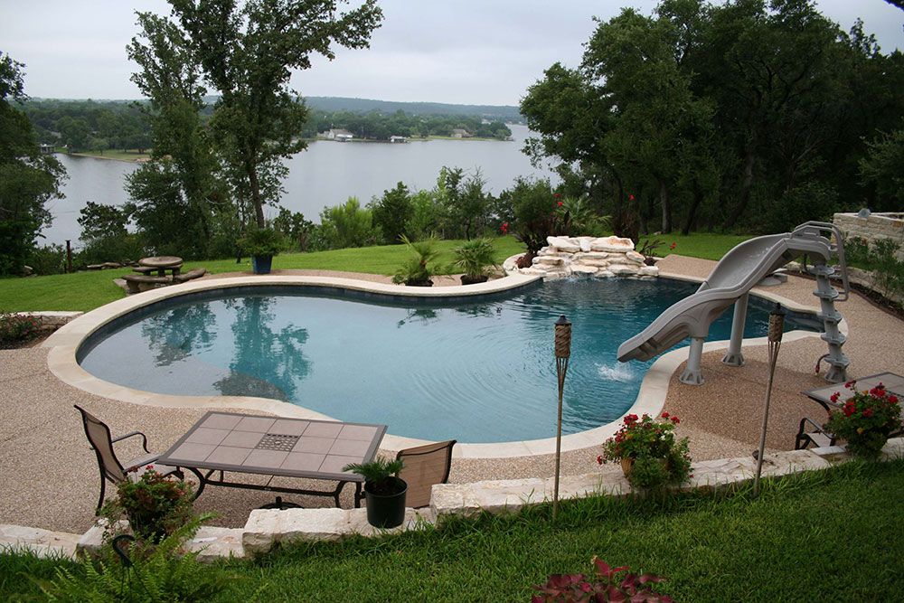 Ft Worth Custom Pool Design Photos Weatherford Keller 519 Free Form Pool Leuders Coping Interfab Slide Waterfa Outdoor Pool Area Small Pools Backyard Pool