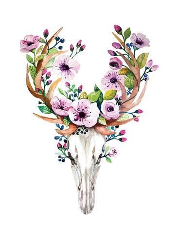 Download Bright Watercolor Vector Deer Skull with Flowers. Prints ...