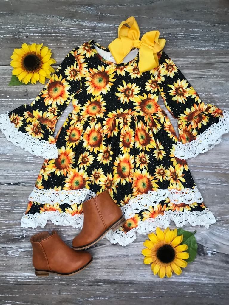 Sunflower Fields Lace Boho Flare Dress Little Girl Outfits Toddler Girl Boutique Baby Girl Fashion
