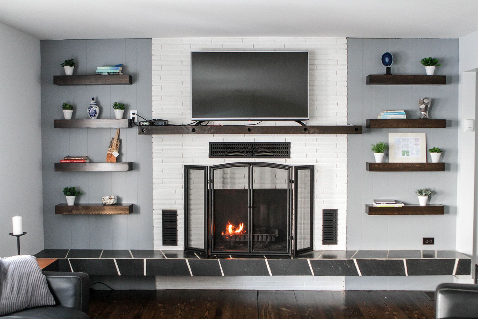 Fireplace shelves, Floating shelves by fireplace, Shelves fireplace