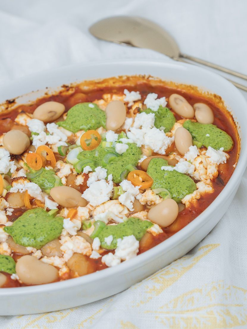 Baked beans with wild garlic pesto -- Baked beans with wild garlic pesto, spri...