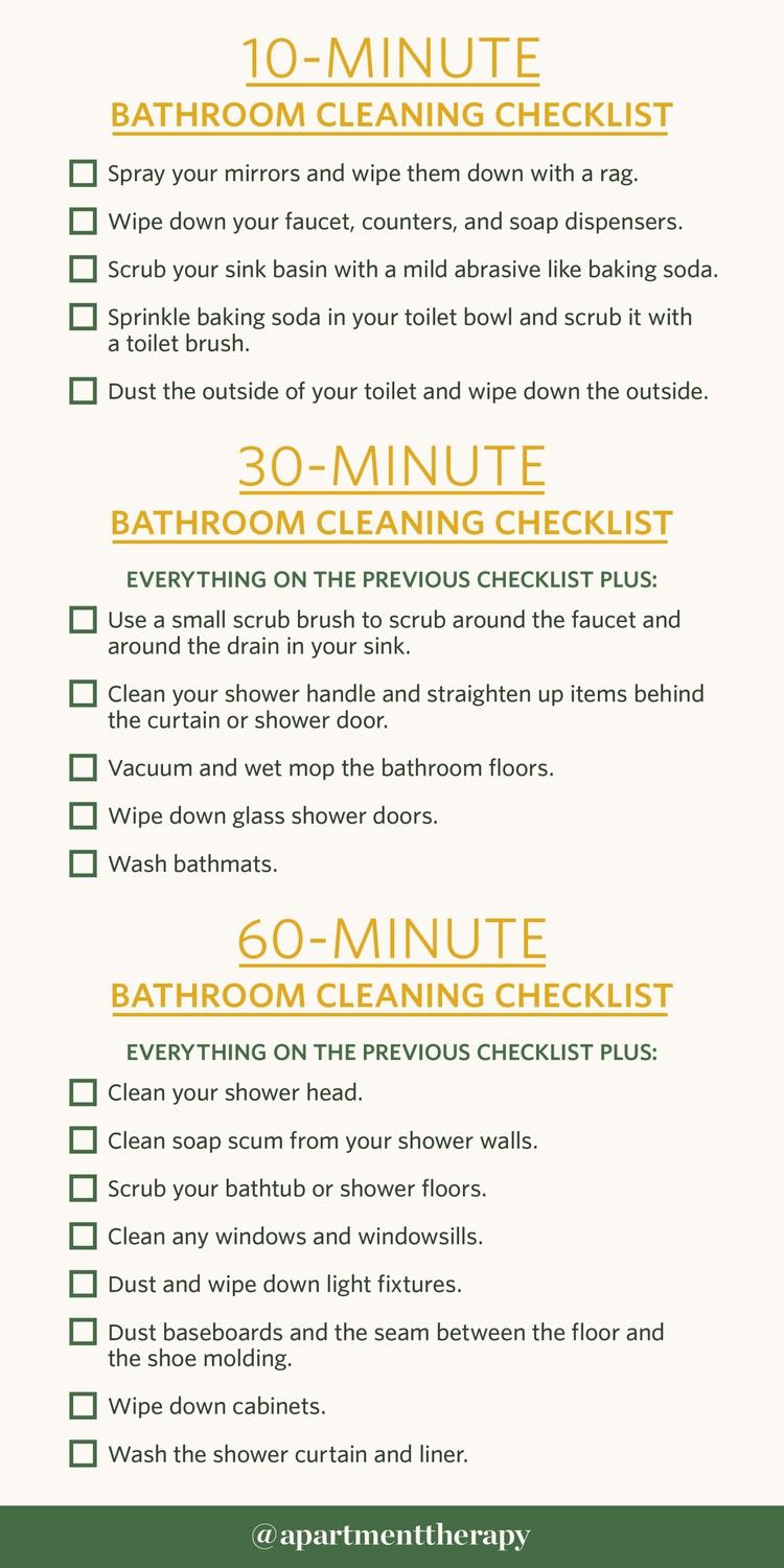 Here's How You Clean a Bathroom in 10 Minutes (or 30, or 60, if You've Got That Kind of Time) Bathroom Cleaning Checklist, Weekly Cleaning, Household Cleaning Tips, House Cleaning Tips, Diy Cleaning Products, Cleaning Organizing, Cleaning Solutions, Cleaning Routines, Household Cleaning Checklist