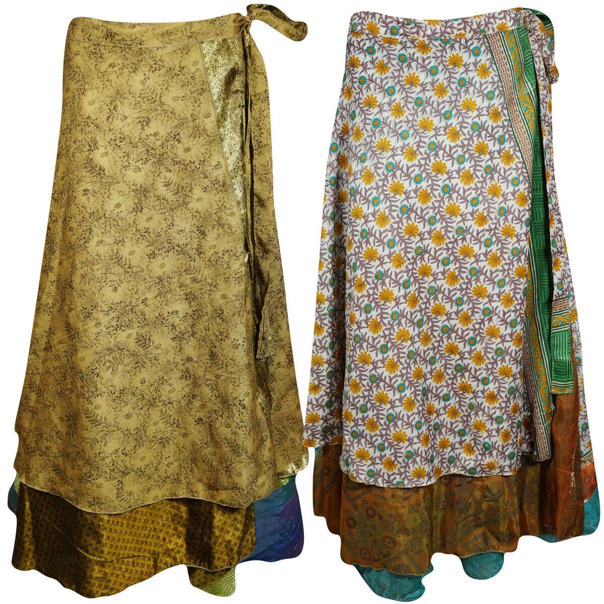 Red Floral Wrap Skirts Hippy Womens Magic Wraparound Skirt Reversible Sari Beach Sarong Dress One Size
