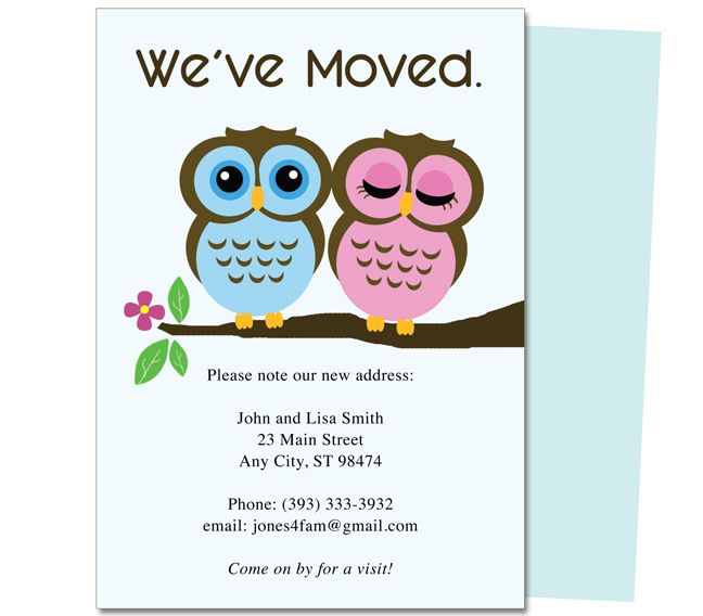 Moving Announcements Owls Moving Announcement Card Template Moving House Card Card Templates Free Moving Announcements