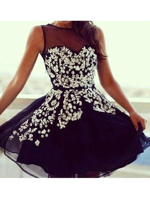 A-Line Tulle Scoop Sleeveless Short/Mini With Applique Dresses - As The First Pics Color / US8