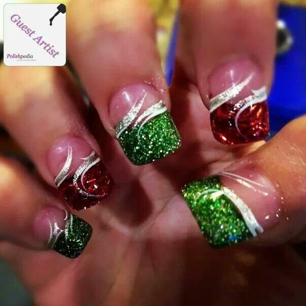 Red and green glitter nails silver swirls christmas design Sparkly ...