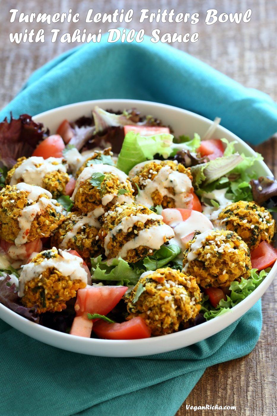 Turmeric Lentil Fritters Tomato Bowl With Tahini Dill Sauce Turmeric Lentil Fritters Tomato Bowl With Tahini Dill Sauce
