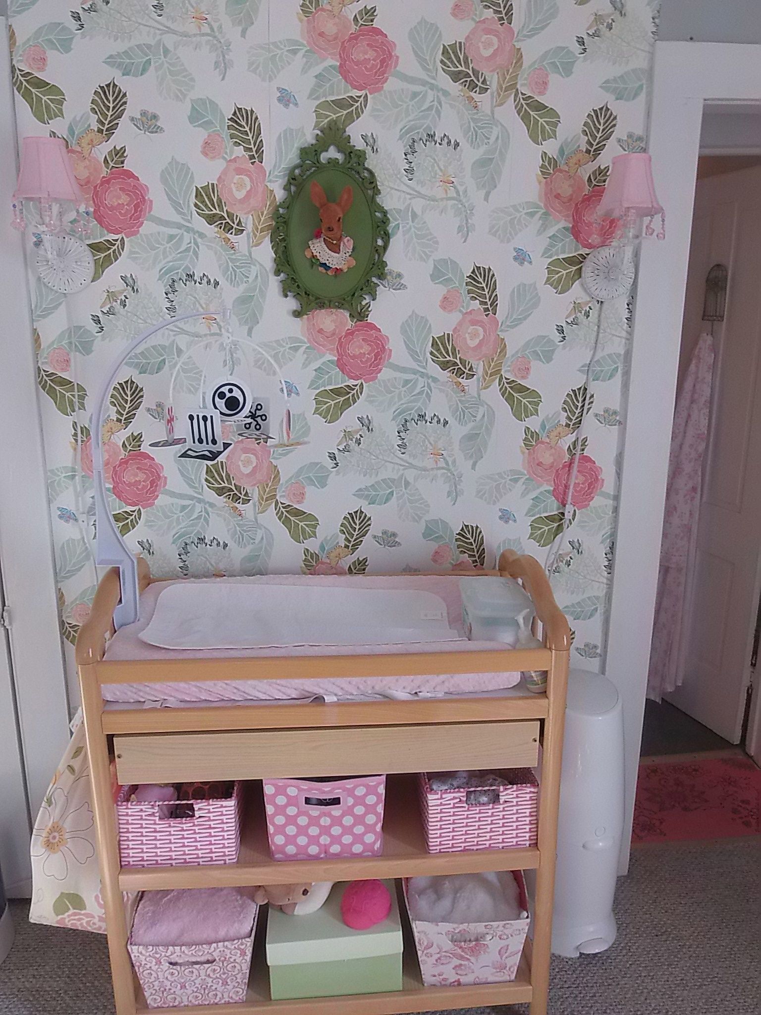 Anthropologie watercolor peony wallpaper and a vintage