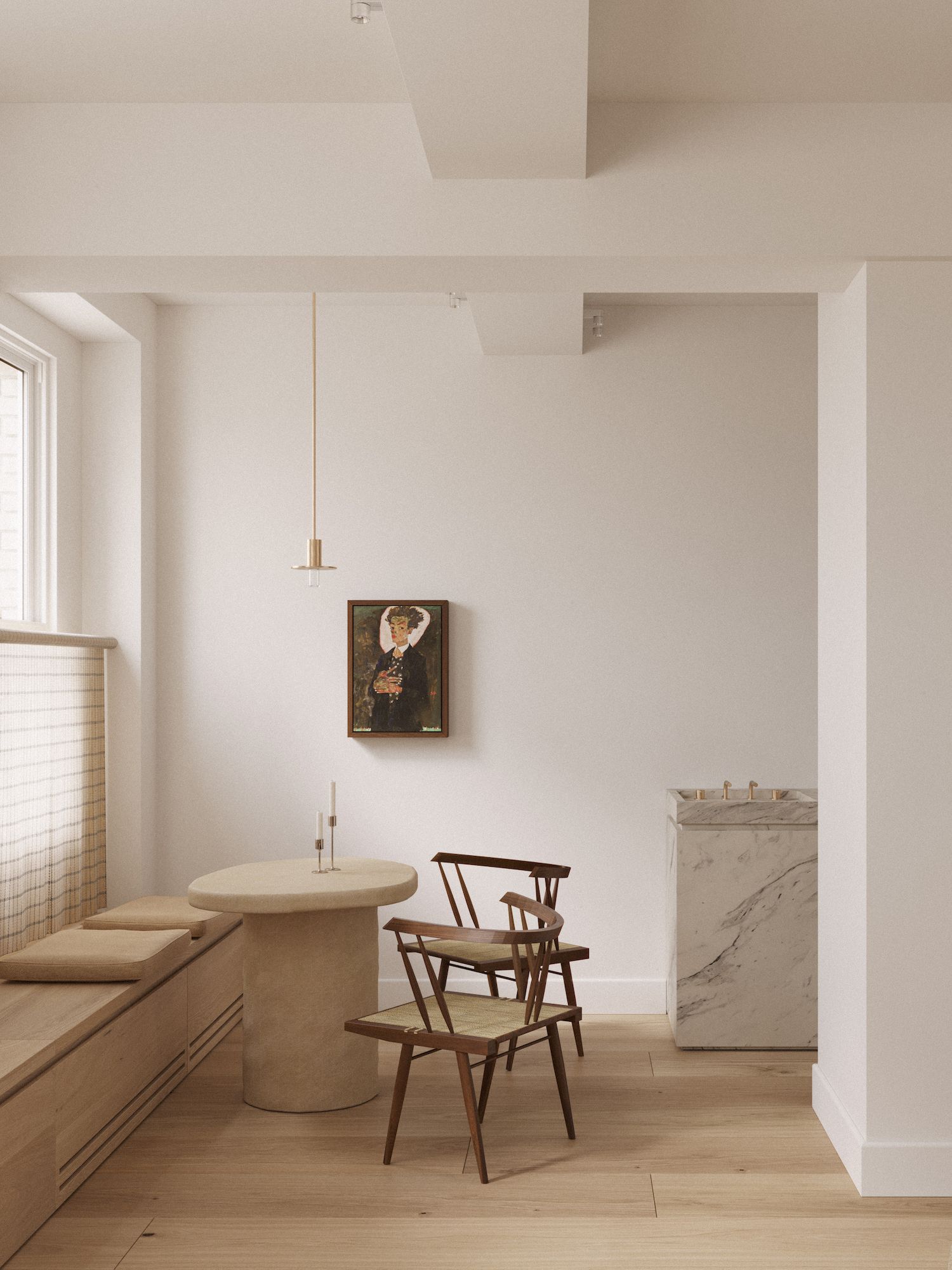 New York Apartment, One Bedroom Apartment, Apartment Projects, Apartment Design, Open Living Room, Living Spaces, Marble Kitchen Counters, East Street, Kitchen Nook