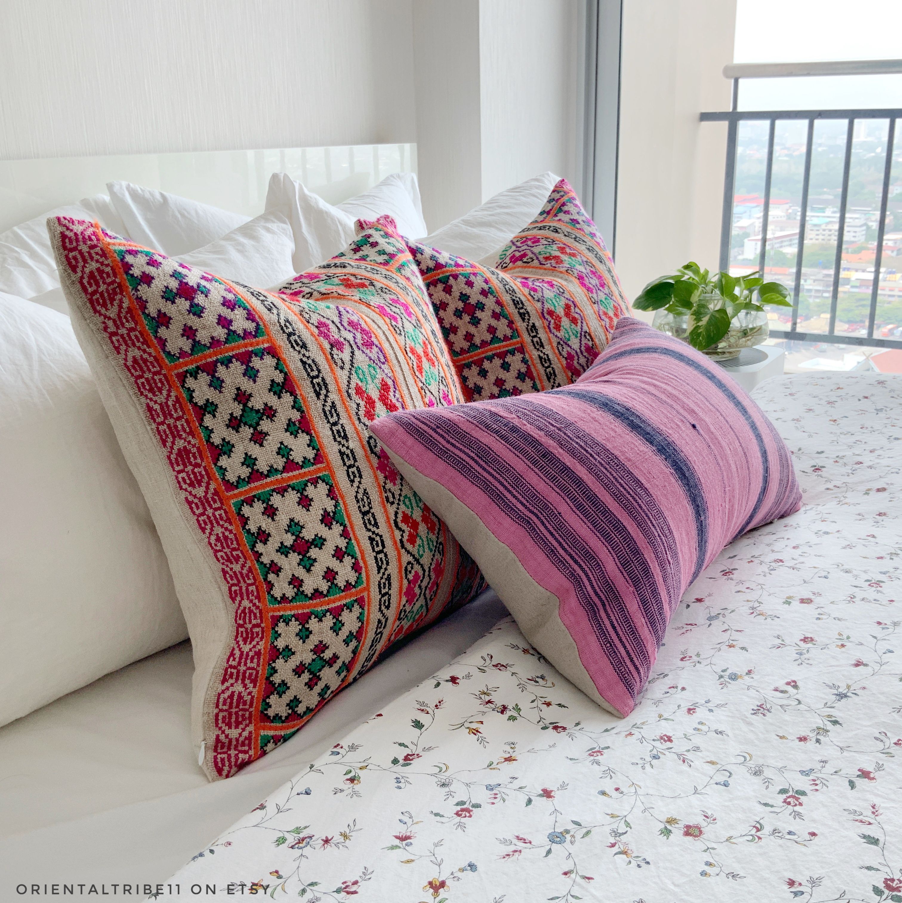 Queen of mountain pink striped Hmong pillow indigo hemp 12 x 20 inches blue