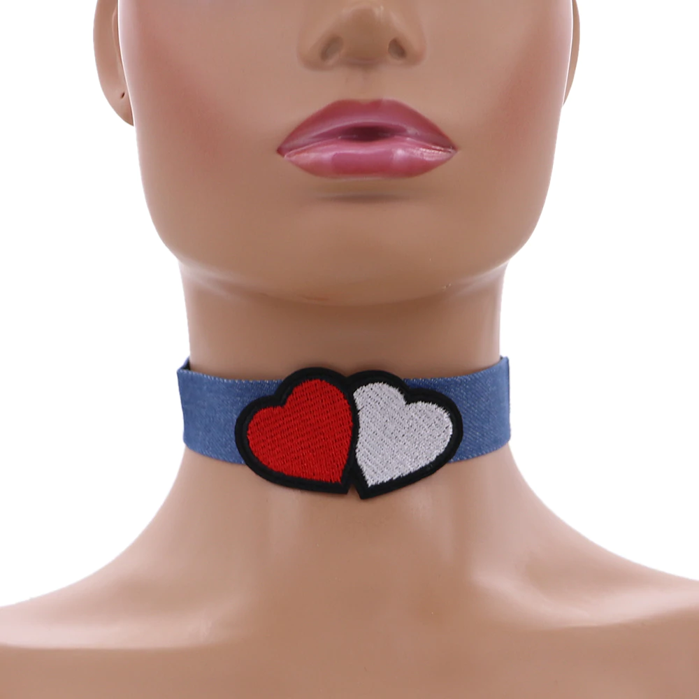 Red Double Hearts Denim Embroidery Choker Necklace – Risque21 Denim Embroidery, Embroidery Hearts, White Embroidery, Light Denim, Dark Denim, Denim Country, Tea Reading, Chokers, Choker Necklaces