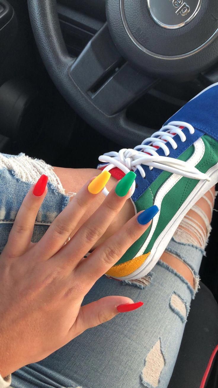 Colorful Acrylic Nails Red Blue Yellow And Green 90s Nails Rainbow Nails Yellow Nails