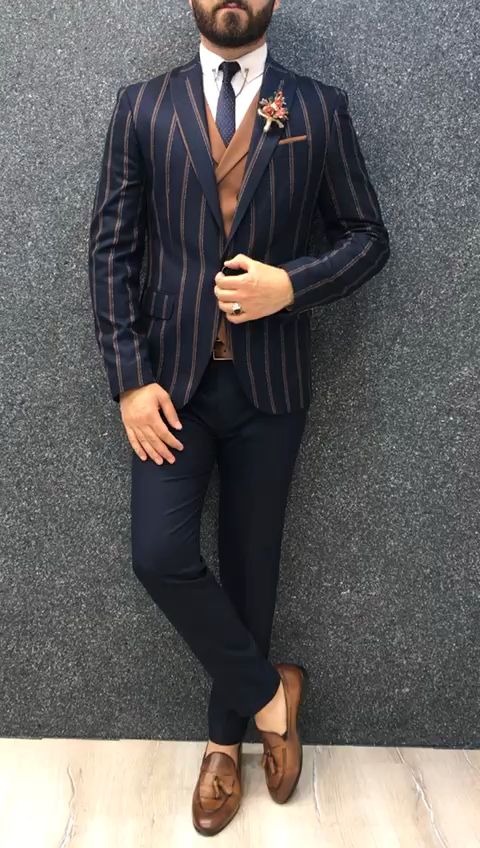 Marc Navy Striped Suit with Brown Vest