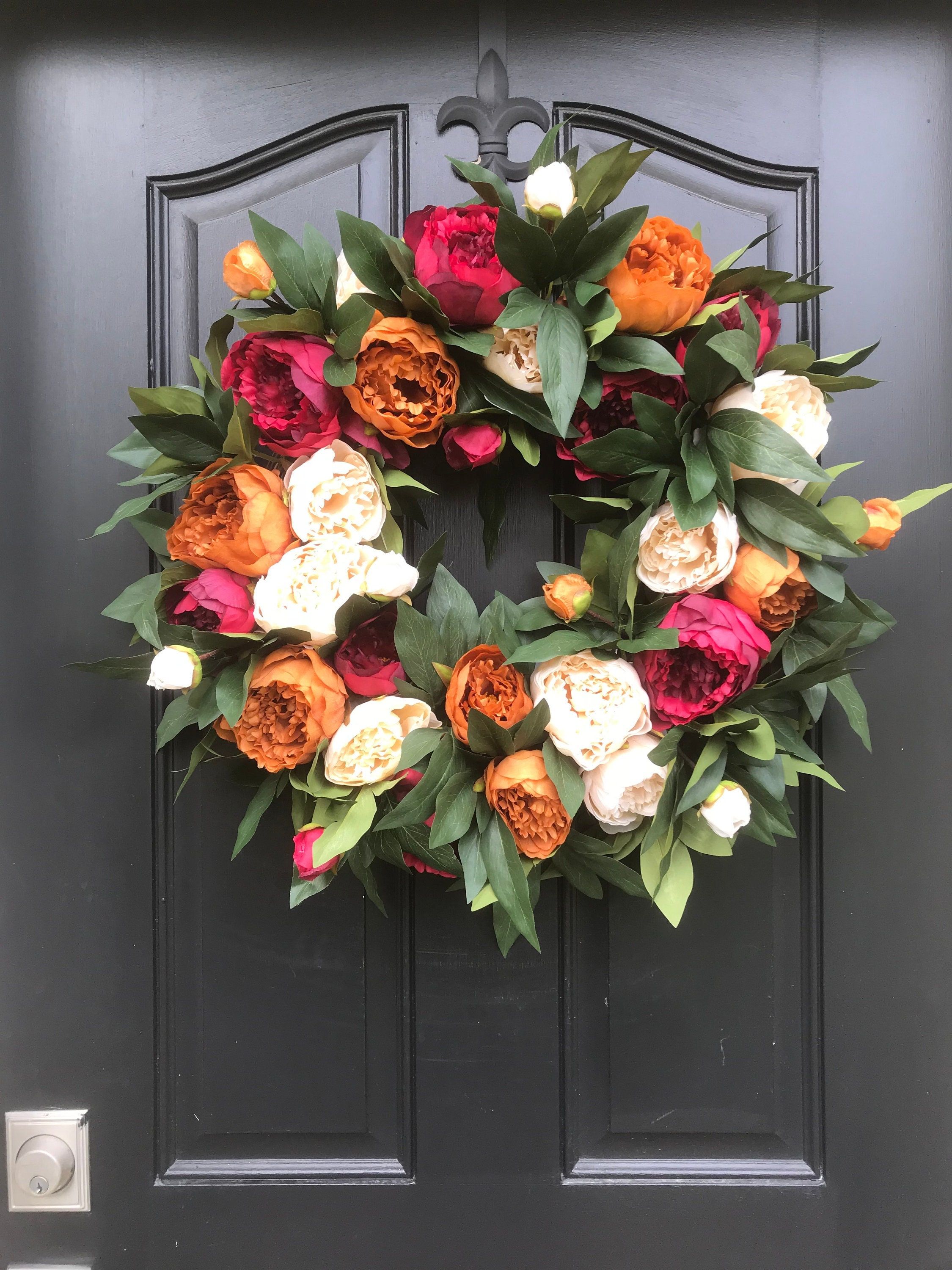 "This premium peony wreath will put a smile on your face when you come home each day! Full of lush realistic peonies, this wreath is sure to be pleasing to the eye all season long! LOOKING FOR A DIFFERENT SIZE? Please find all the sizes at and discounts at twoinspireyou.com Peony Wreath shown measures 24\" in diameter and 7\" deep. Give your wreath the UV protection it deserves: https://www.etsy.com/listing/193991528/spray-for-wreath-wreaths-wreath?ref=shop_home_active_1 Don't forget the wreath Floral Door Wreaths, Door Wreaths Diy, Diy Wreath, Holiday Wreaths, Wreaths For Front Door, Wreath Ideas, Tulle Wreath, Burlap Wreaths, Ribbon Wreaths