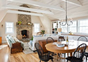 beachy family living dining great room with fieldstone fireplace and