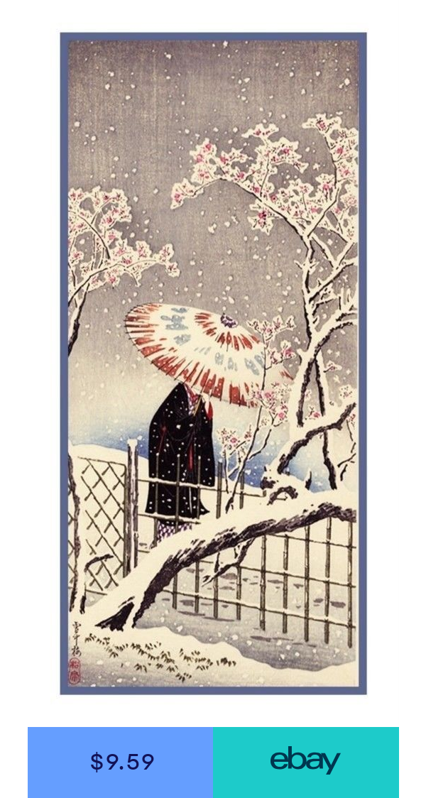 Asian Temple Maiden in the Snow Japanese Woodblock Counted Cross Stitch Pattern