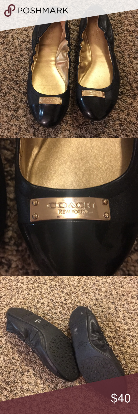 COACH Black and Gold Flats Shoes | Gold shoes flats, Gold flats, Coach ...