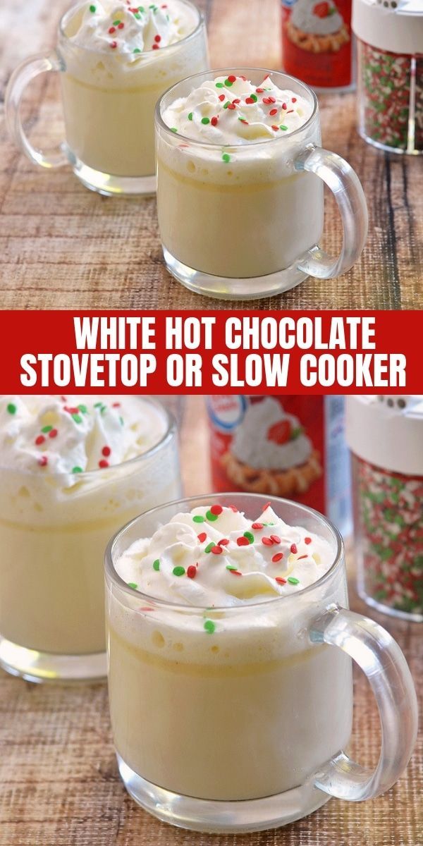 White Hot Chocolate is a rich, creamy and pure comfort food you'll love to cozy up to on a cold winter day or anytime you need a sweet treat. It's ready in minutes, has simple ingredients, and can be made in the slow cooker! Winter Drinks, Holiday Drinks, Christmas Drinks, Christmas Desserts, Christmas Food, Holiday Recipes, Christmas Parties, Christmas Treats, Dinner Recipes