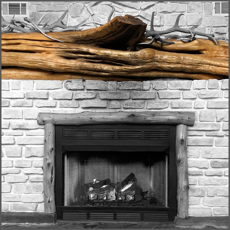 A peeled cedar makes a beautiful mantel over the fire place at the Peninsula Ranch lodge in Texas. #wood #fireplace #mantel #mantle #design #texas Reclaimed Beams, Wood Beams, Wood Floors, Rustic Fireplace Mantels, Wood Mantels, Mantle, Exterior Siding Options, Exterior Wood, Natural Edge Wood