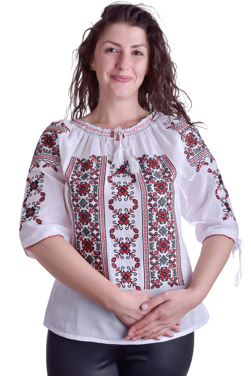 Ie traditionala alba din bumbac cu maneca scurta si motiv traditional rosu , Material: bumbac , Culoare principala: alb , Culori secundare: rosu, negru , Motiv floral , Broderie computerizata , Maneca scurta cu snur , Recomandari ingrijire: spalare automata la 30 grade sau spalare manuala Alba, Anastasia, Diana, Carolina, Floral Tops, Blouse, Long Sleeve, Sleeves, Women's Top