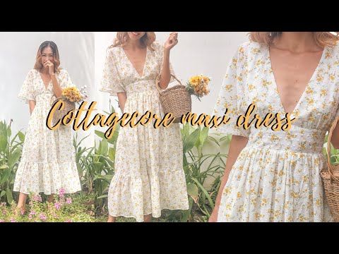 DIY Cottagecore Maxi dress | Butterfly sleeve, Deep V-Neck, Open back, Midi length | Sewing tutorial - YouTube Diy Clothes Design, Diy Sewing Clothes, Clothes Sewing Patterns, Sewing Dresses, Party Dress Patterns, Fashion Sewing, Diy Fashion, Cottagecore Dress Pattern, Modeling