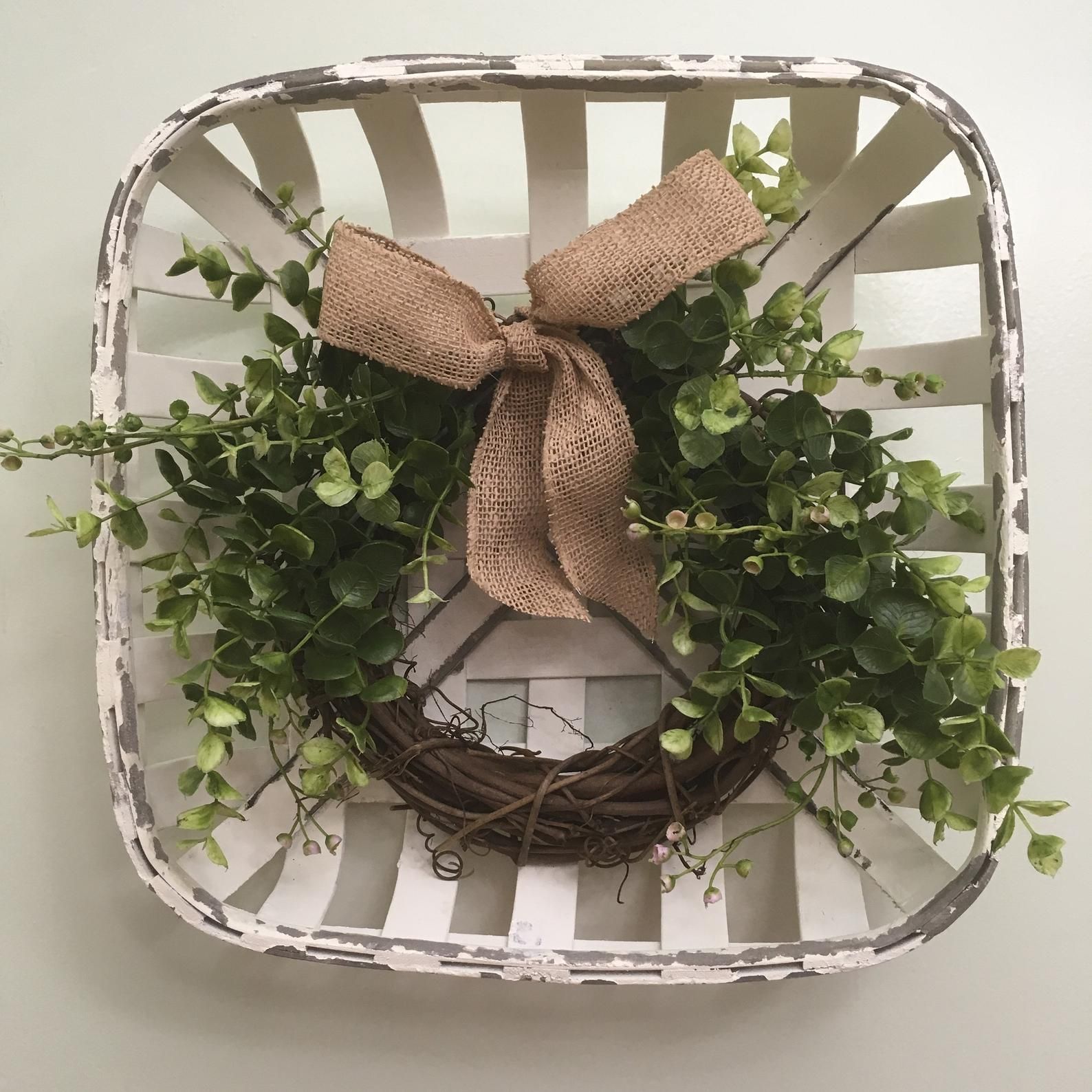 White Tobacco Basket with Green Wreath and burlap bow Etsy Tobacco