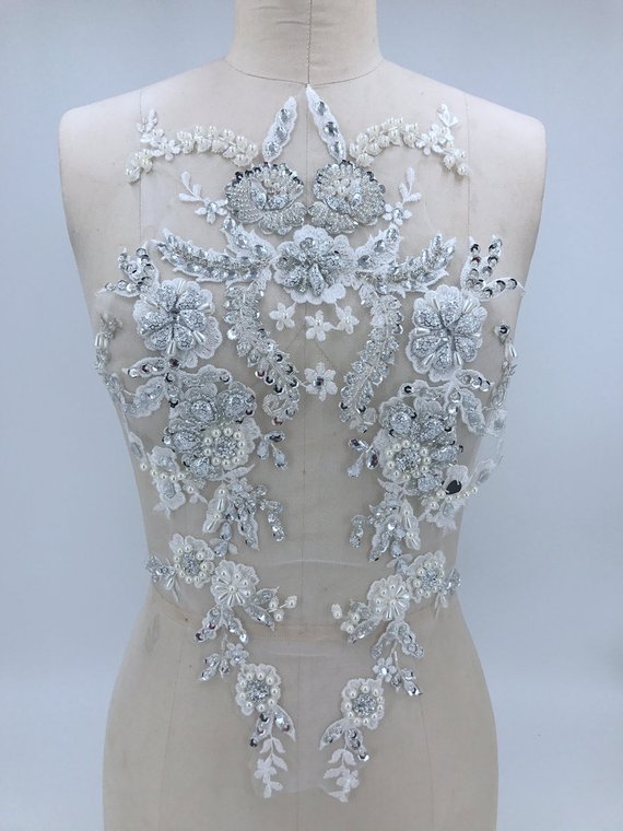 1 Pair Sequins Beaded Flower Embroidered Lace Applique For Dress DIY Material 1 Pair Sequins Beaded Flower Embroidered Lace Applique For Dress DIY Material