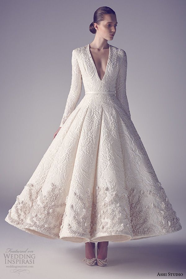 Ashi Studio Spring 2017 Couture Collection Wedding Dresses Ashi Studio Couture 2017 Long Sleeves V Neckline Intricate Embroideries Flounce Tea Length Wedding Dress Front View