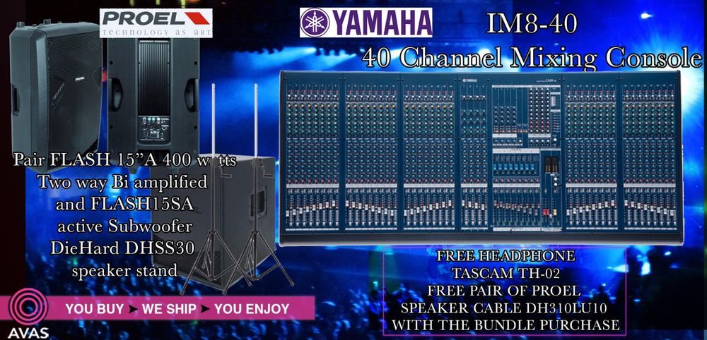 YAMAHA IM8 40 MIXING CONSOLE PAIR PROEL 15 400W ACTIVE SPEAKER PROEL yamaha-im8-40-mixing-console-pair-proel-15-400w-active-speaker-proel