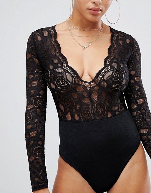 boohoo plunge long sleeve lace bodysuit in black