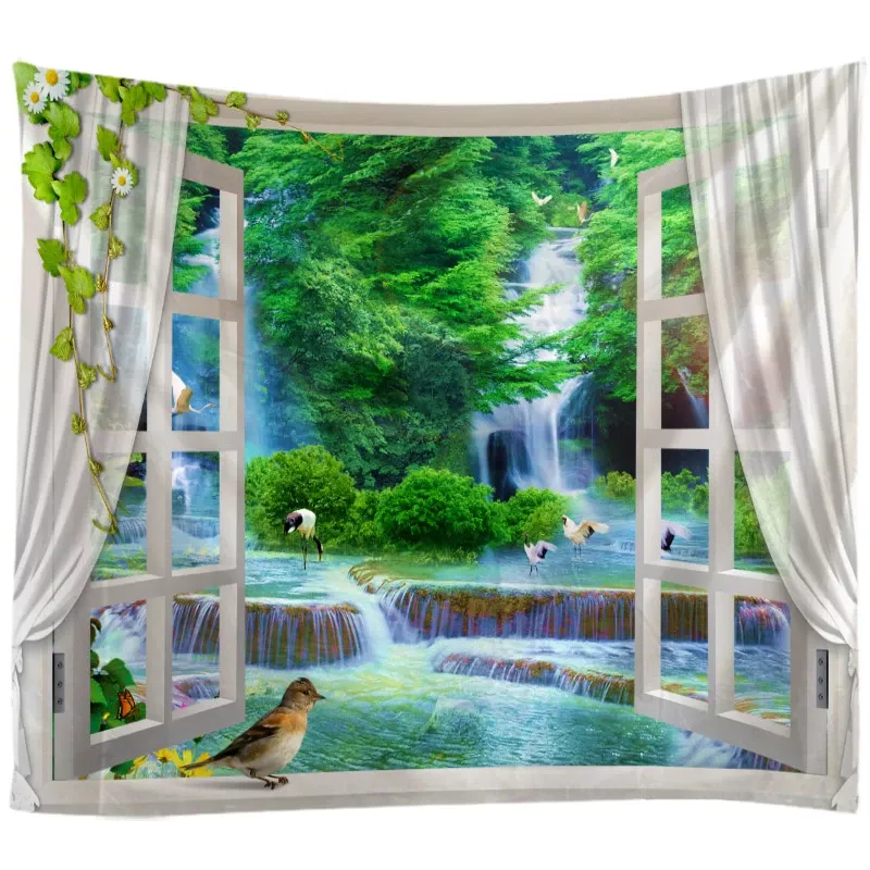 fereastră peisaj perete tapiserie art decor pătură perdea agățat acasă dormitor living decor cascadă pasăre macara 2021 - RON 61.91 Landscape Wall Tapestry, Wall Tapestry Boho, Cheap Wall Tapestries, Flower Tapestry, Printed Tapestries, Landscape Walls, Boho Wall, Tapestry Room, Forest Tapestry