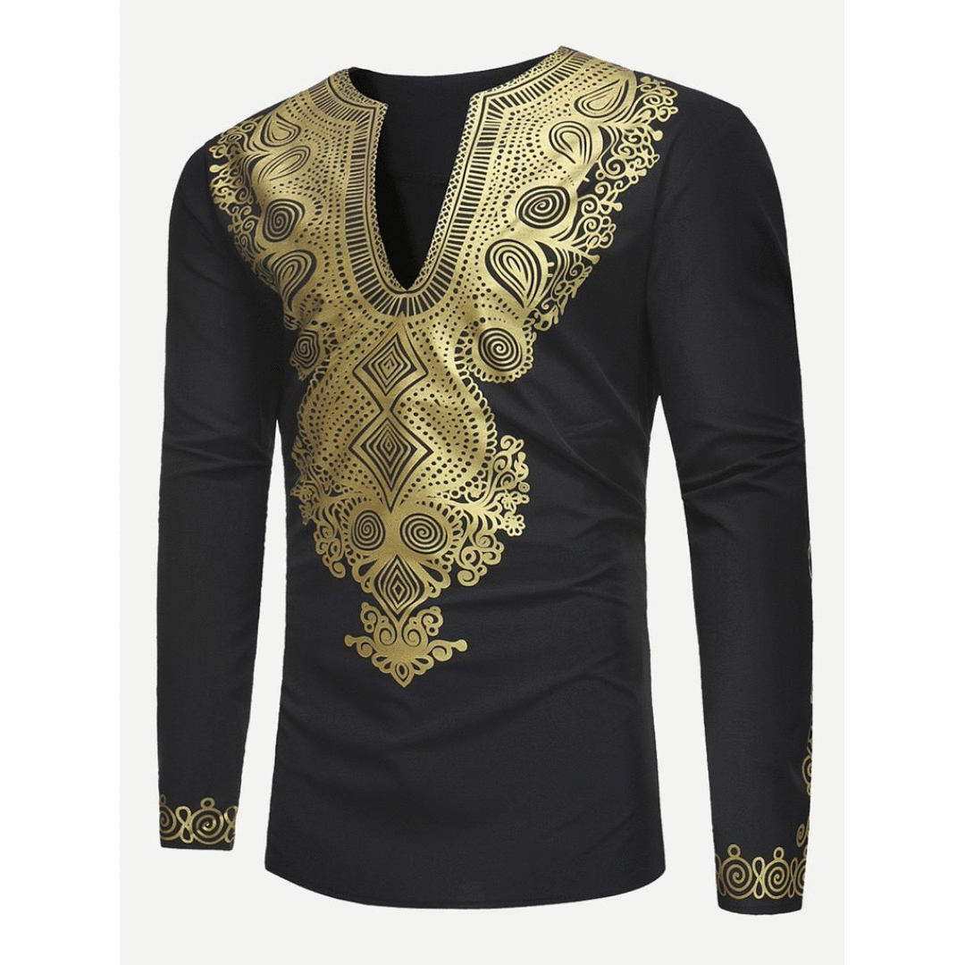 Mens Long Sleeve Hipster Stars V-Neck Printing Regular Fit T-Shirt
