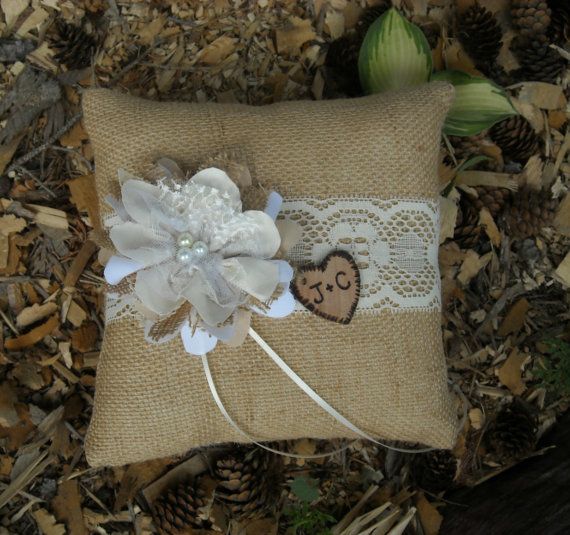 Personalized Ring Bearer Pillow Rustic Burlap and Lace Wedding Pillow Rustic Wedding Pillow